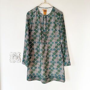 Tory Burch Green and Blue Geo Print Wool Blend Shift Dress 6 Pockets